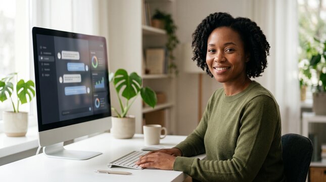 African American woman smiling at camera while working in bright home office