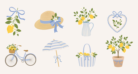 Whimsical graphic elements, lemon illustrations with floral accents. Cute citrus artwork for prints, kitchen decor, summer branding, stickers, cards, and apparel. Lemon-themed illustration featuring b © yuliabikirova