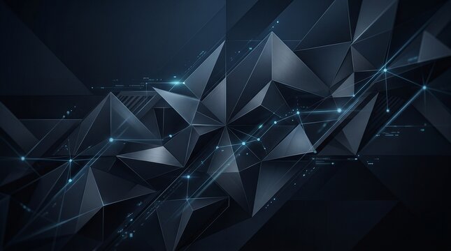 An abstract blue background with a futuristic geometric pattern of 3d glass triangles creates a light web technology wallpaper texture