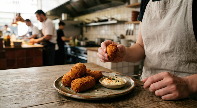 Chef serving crispy croquettes in a professional kitchen. Hand holding a golden fried snack with dipping sauce. Culinary concept