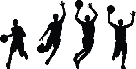 Basketball player collection jumping and dribbling in different action poses cad drawing flat vector illustration pitch black solid silhouette, set. © Rasida