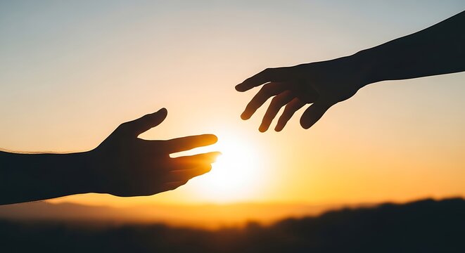 Reaching hands silhouette at sunset connection help and support concept