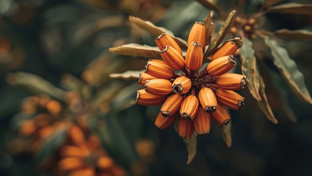 Bixa orellana shrub with ripe seeds used for natural dye