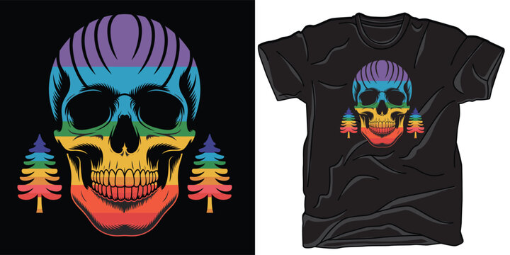 Rainbow colored skull with small pine trees on sides vector illustration for t-shirt design
