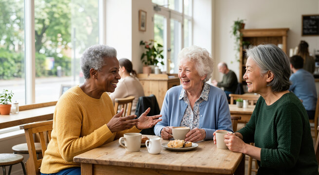 Diverse group of senior women chatting and laughing in a cafe. Happy multiracial elderly friends enjoying coffee and pastries together