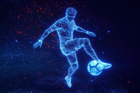 Energetic blue wireframe soccer player performing dazzling ball control with a glowing digital football in a conceptual abstract data space environment.
