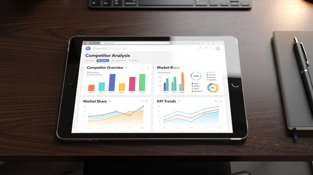 Tablet Displaying Competitor Analysis Dashboard with Charts