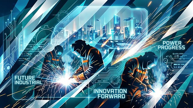 Futuristic industrial scene with welders working in a city skyline background, symbolizing progress and innovation, smart city