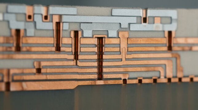 Medium shot of a crosssection revealing intricate copper metal layers and vertical vias in a multilevel semiconductor interconnect stack with lowk dielectric insulation. Medium