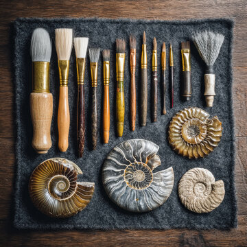 Paleontology brushes and ammonite fossils on dark tray for museum conservation and restoration work