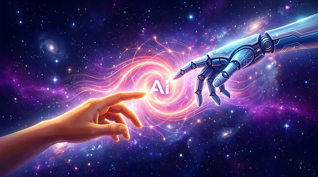 Human and robot hands reaching towards AI symbol in cosmic nebula with artificial intelligence technology connection