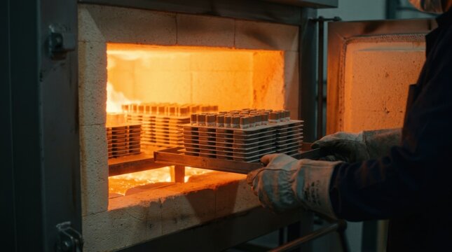 Medium shot of a hightemperature kiln door opening to reveal glowing ceramic capacitor stacks arranged on sturdy trays inside the furnace. Medium shot inside a firing kiln showing