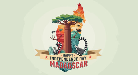 Happy Independence Day Madagascar with unique wildlife and cultural symbols. © Konco