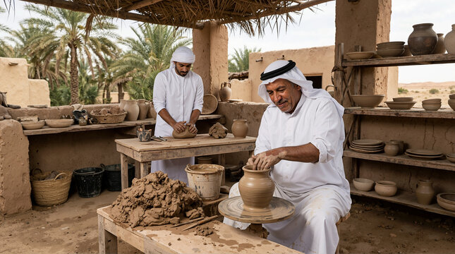 Arab men in traditional clothing working in a rustic pottery workshop. Middle Eastern artisans shaping and kneading clay with palm trees in the background