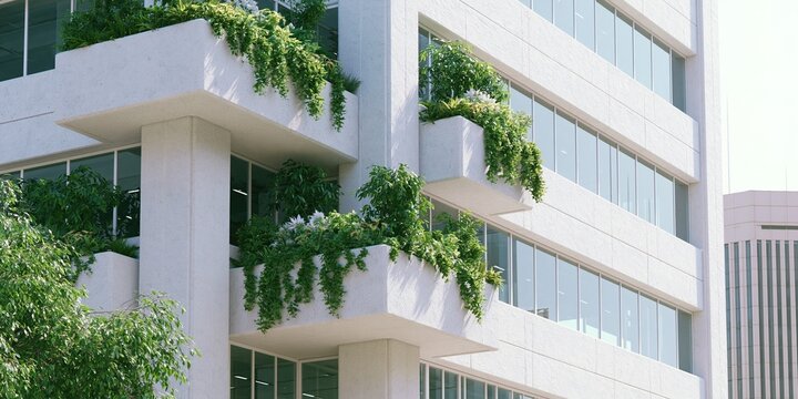 Modern urban office building with multiple concrete balconies filled with lush green climbing plants and leafy shrubs on bright sunny day