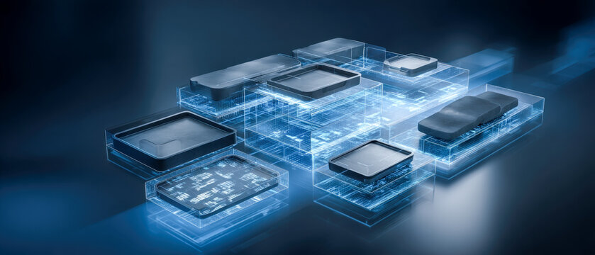 Futuristic digital circuit blocks with blue glow for technology innovation and data network design