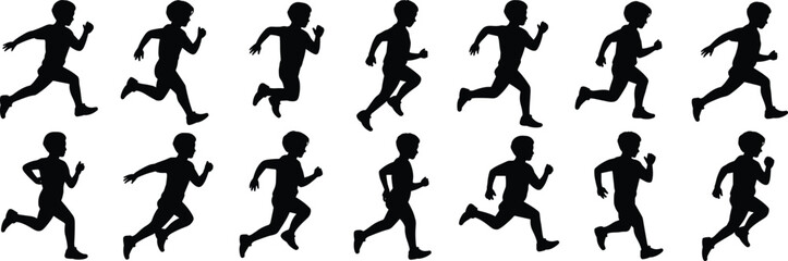 Collection of active young boys running in various poses pitch black solid silhouette set cad drawing flat vector illustration design © Rasida
