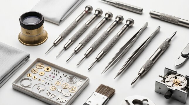 An array of specialized watchmaking tools and delicate mechanical components meticulously arranged, highlighting the intricate craftsmanship and precision required for timepiece repair