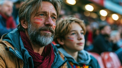 Obraz premium Father and teenage child supporting football team at stadium with face paint