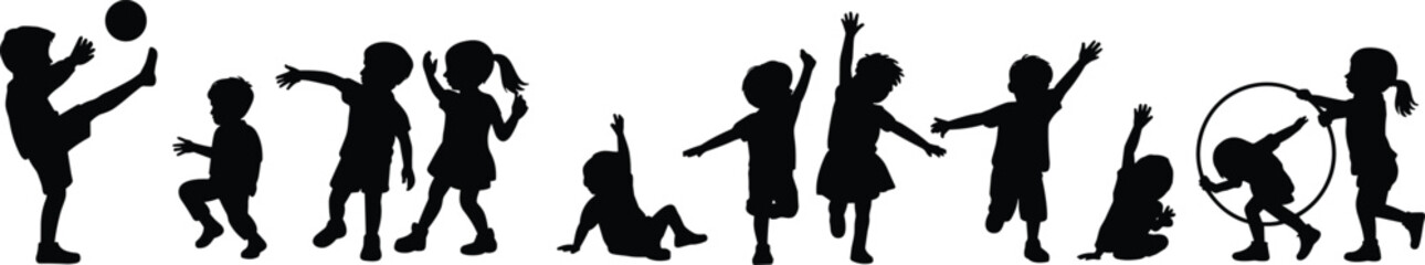 Collection of children playing soccer with hula hoop and jumping in different poses cad drawing flat vector illustration pitch silhouette, © Rasida