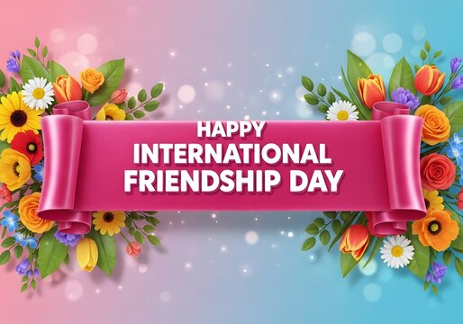Happy international friendship day pink scroll banner with lush colorful