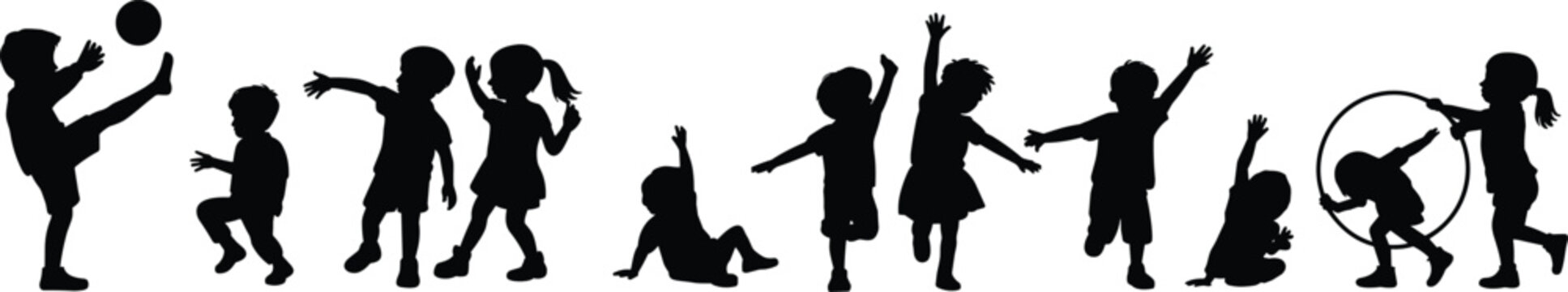Collection of children playing soccer with hula hoop and jumping in different poses cad drawing flat vector illustration pitch silhouette,