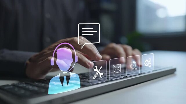 Technical support service assistance concept. Person typing keyboard with customer support and troubleshooting icons, IT assistance, help desk service and technical problem solving.