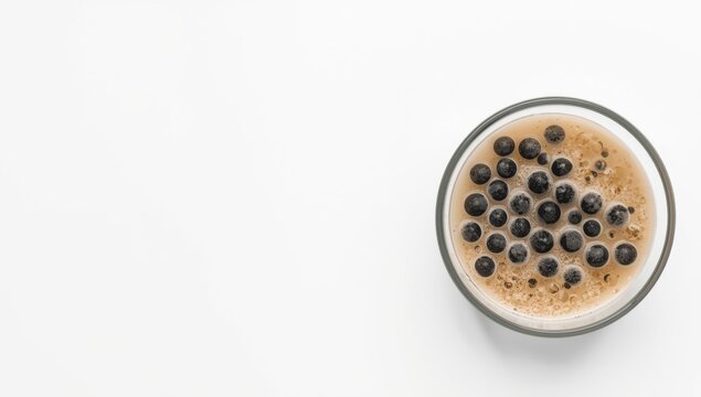 Bubble Tea Ingredients Arranged on White Background Top View of Tapioca Pearls and Drink
