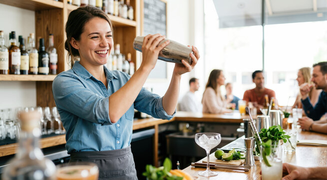 Cheerful female bartender shaking a cocktail behind a wooden bar. Smiling young woman making drinks with fresh ingredients in a lively restaurant