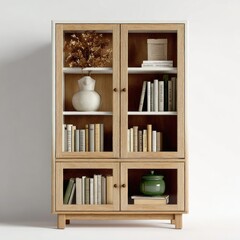 Fototapeta premium Natural wood and white display cabinet with glass doors, filled with books