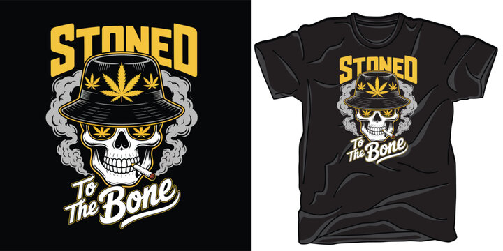 Stoned to the bone skull illustration with bucket hat and marijuana leaves for streetwear apparel design featuring smoking skeleton head character art.