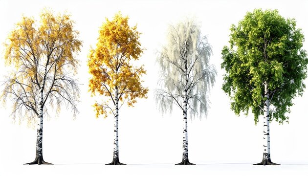 Four trees depict changing seasons from bare to full green foliage