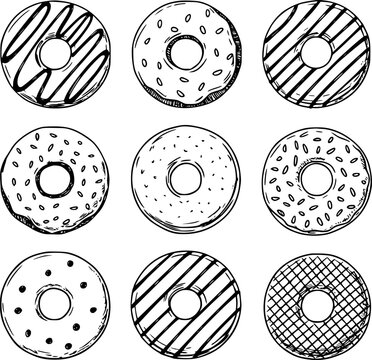 Hand-drawn collection of assorted donuts with various icing and sprinkle patterns