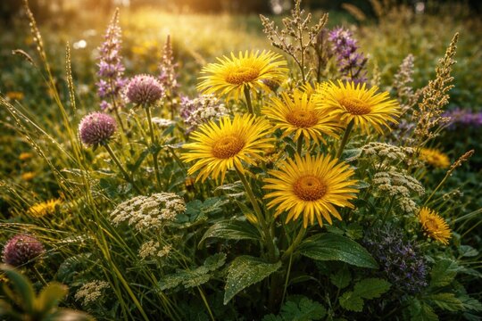 Healing golden flowers and motley grass with inula salicina used for heart pain relief