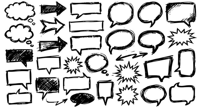 Black Paint Marker Speech Bubbles and Comic Text Frame Vector Illustration Set
