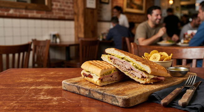 Cuban sandwich on a wooden board in a restaurant. Toasted bread with ham, pork, cheese, and pickles. Food theme