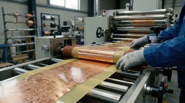 Medium shot of sheetfed flexible circuit lamination process highlighting individual polymer sheets being coated with copper traces for electronics assembly.