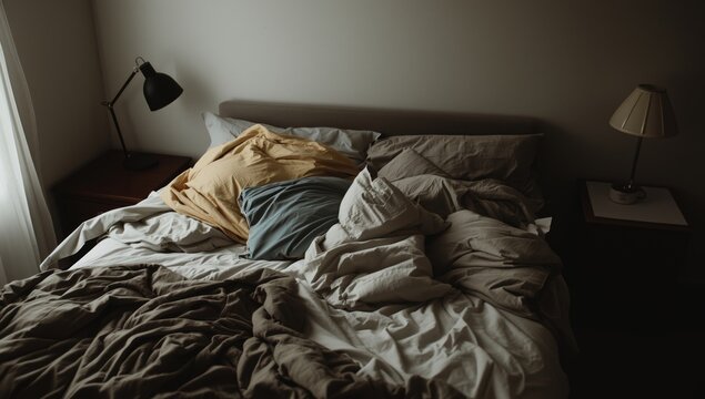 Bedroom with bed linens in disarray from morning rest