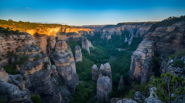 Geological formations of Tsingy de Bemaraha include sharp limestone pinnacles and deep gorges formed through erosion. This UNESCO World Heritage Site showcases unique karst landscapes, characterized b