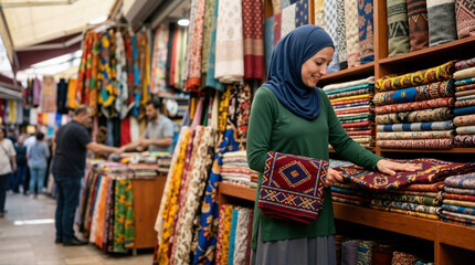 Obraz premium Smiling Muslim woman in a hijab shopping for rugs. Female customer examining traditional patterned textiles in a market store