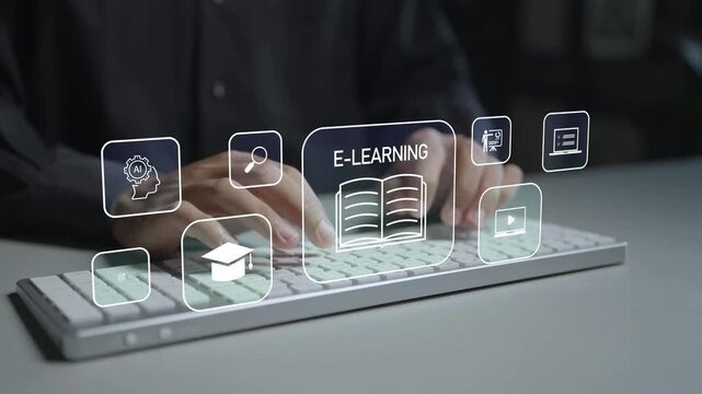 Digital e learning and AI education platform concept. Person typing keyboard with artificial intelligence and learning icons, smart online training, knowledge development and remote education technolo