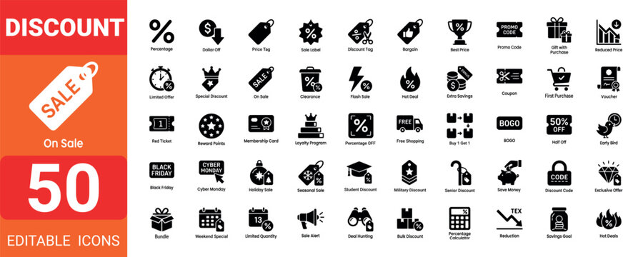 Solid icon collection set editable vector illustration mega pack of discount and sale icons