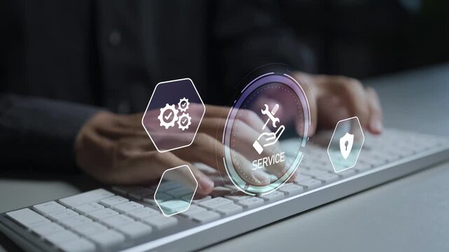 Online support service assistant concept. Person typing keyboard with customer service and communication icons, remote assistance, help desk support and digital customer care.