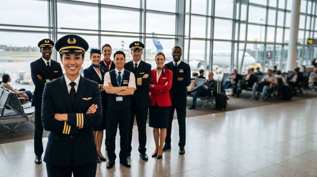 Diverse airline team standing in modern airport lounge with confident female pilot in front flight attendants co pilots and ground staff premium aviation environment professional airline crew portrait
