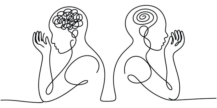 Two human heads with messy and organized minds line art drawing