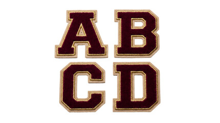 Fototapeta premium varsity letters abcd luxury burgundy velvet chenille transparent background patch premium rich elegant team letter patches crafted from rich burgundy velvet chenille isolated on clear backdrop for