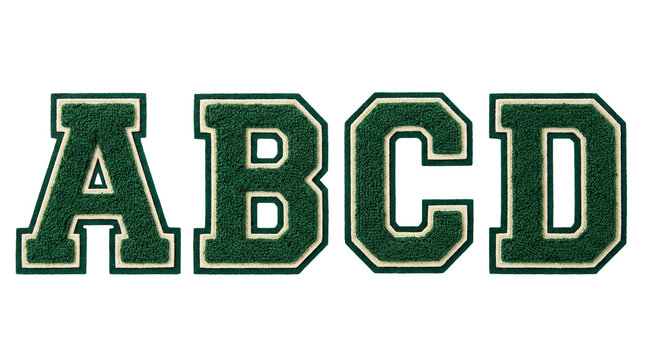 varsity letters abcd forest green chenille cream outline dark stitching transparent background patch earthy preppy team letter patches in rich forest green yarn with cream trim isolated on clear