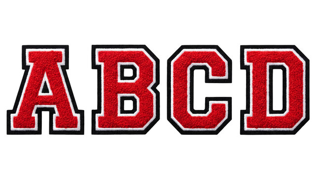 varsity letters abcd luxury streetwear bright red chenille transparent background patch urban fashion premium streetwear inspired alphabet patches in bold bright red chenille isolated on clear