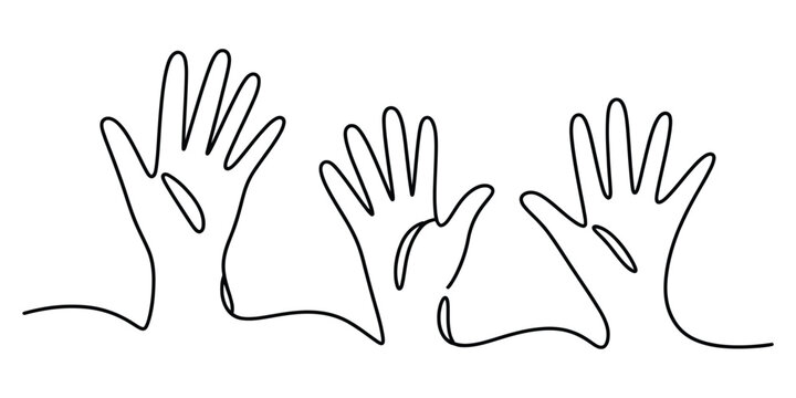 Three raised hands drawn in a continuous single black line style
