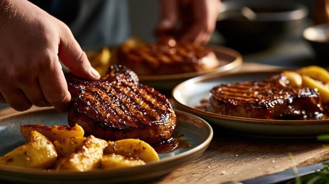 Hands precisely placing glazed grilled pork chops beside golden roasted apples on minimalist ceramic dishes highlighted by gentle golden hour lighting and lifestyle food styling.